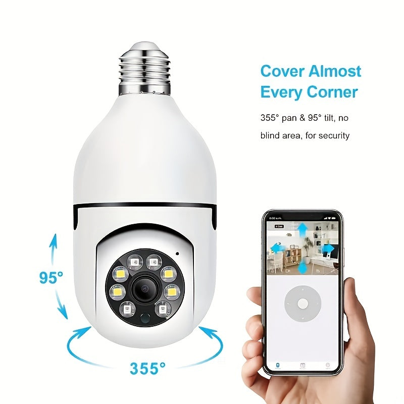 WiFi Light Bulb Security Camera 360° Pan/Tilt Two-Way Audio Cloud SD Storage White