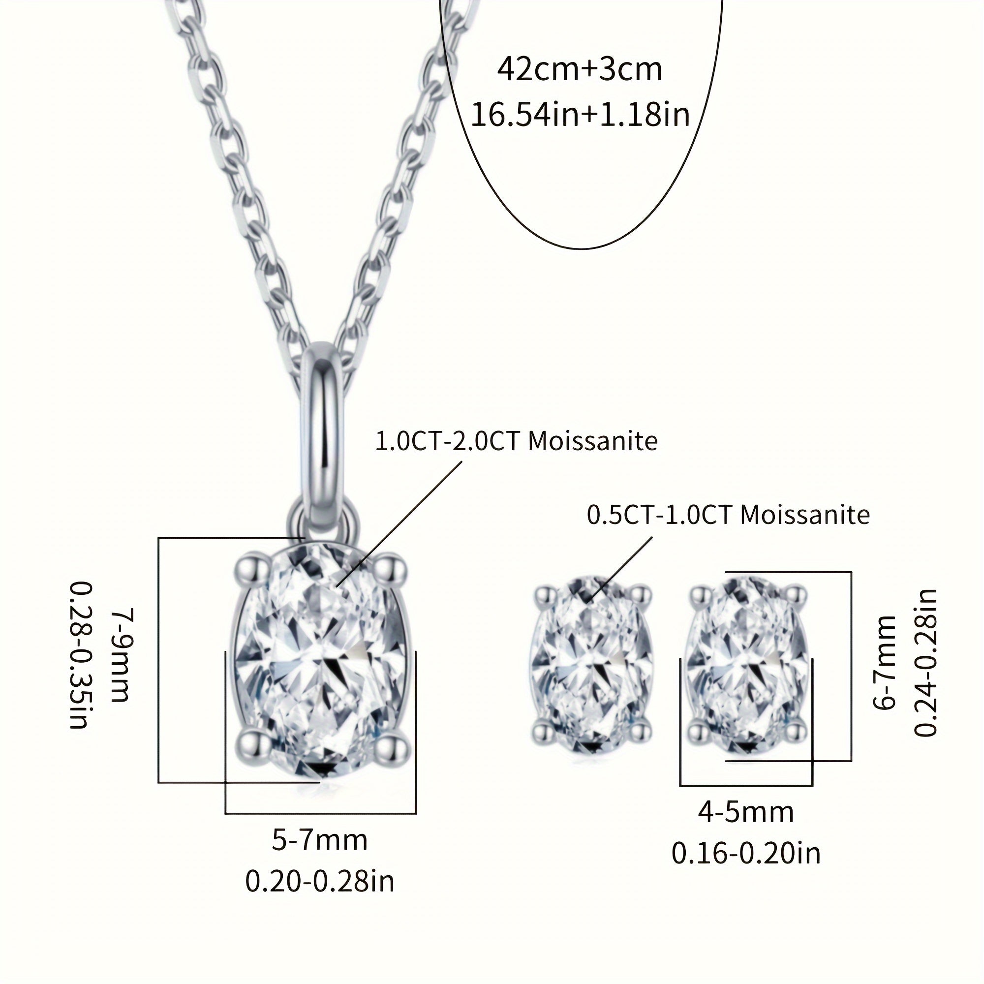 Sterling Silver Jewelry Set with Moissanite Pendant Necklace and Stud Earrings for Women