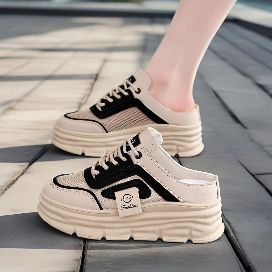 Women'S Casual Sneakers with Thick Platform Sole White Black Breathable Fabric