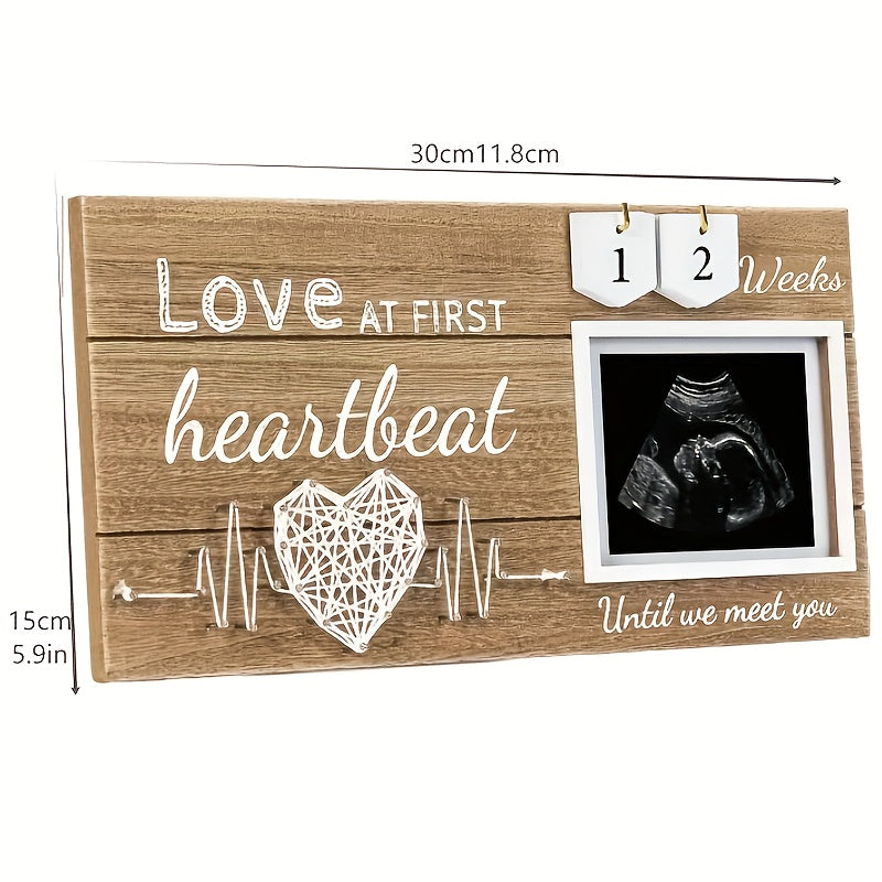 Wood Baby Photo Frame with Heartbeat Design and Interchangeable Week Tracker for Newborns