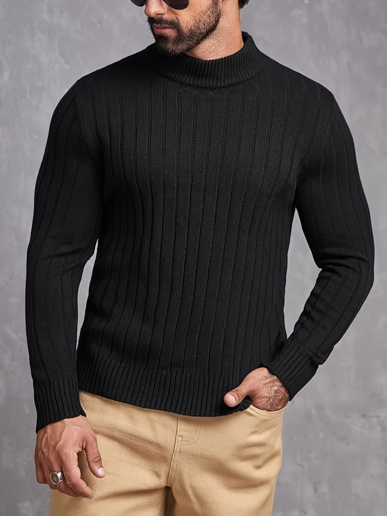 Men's Slim Fit Ribbed Knit Pullover Sweater for Plus Sizes Lightweight High Neck Long Sleeve Top