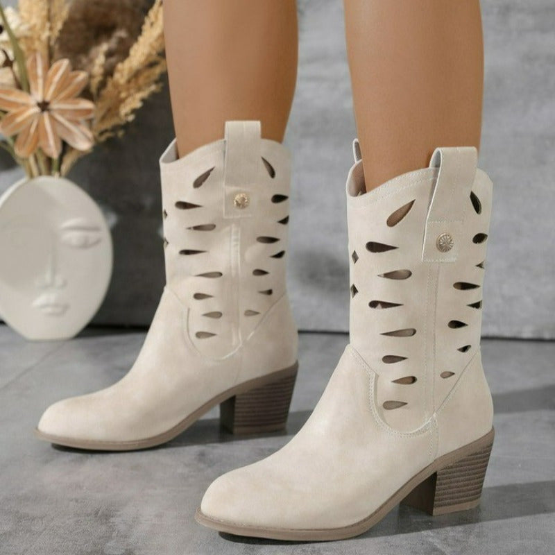 Women's Chunky Mid-Calf Boots Leather Stylish Comfortable Winter Shoes