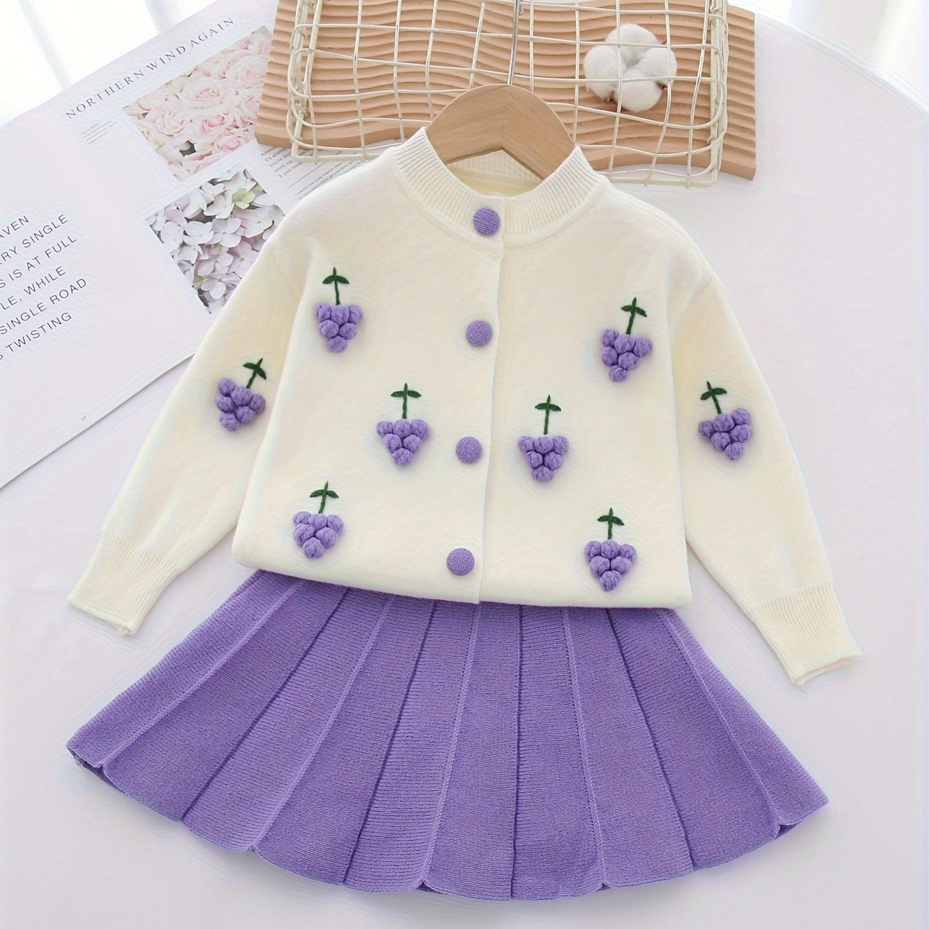 Girls Kids Spring Fall Outfit Set Cardigan Sweater and Pleated Skirt