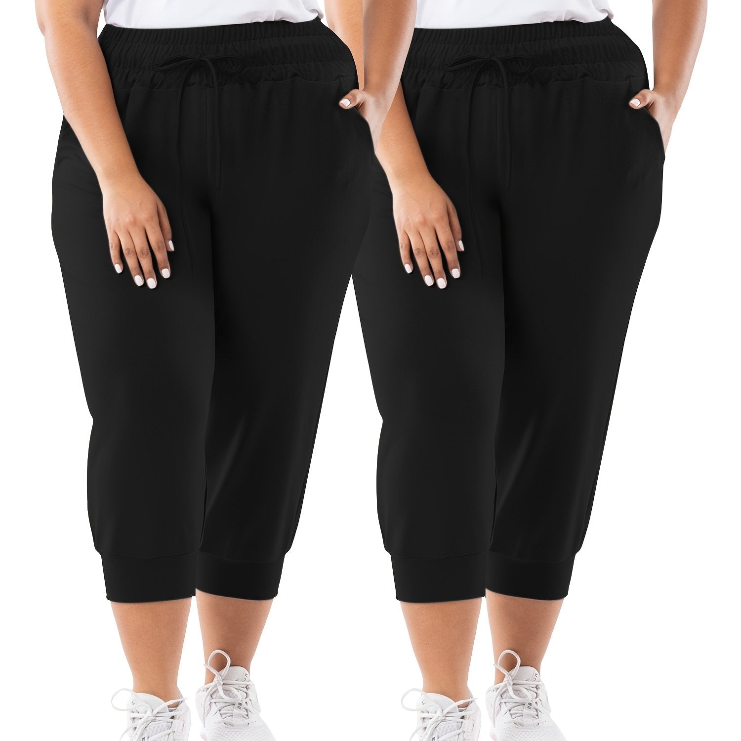 Plus Size Women's Stretchy Capri Joggers Black, Drawstring Waist, Pockets