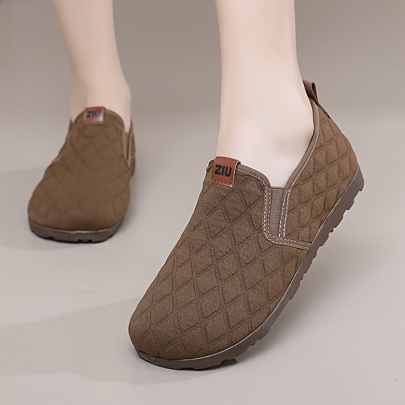 Women's Slip-On Loafers with Soft Sole and Quilted Brown Fabric