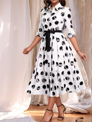 Vintage-Inspired Polka Dot Midi Shirt Dress with Belt and Collared Design