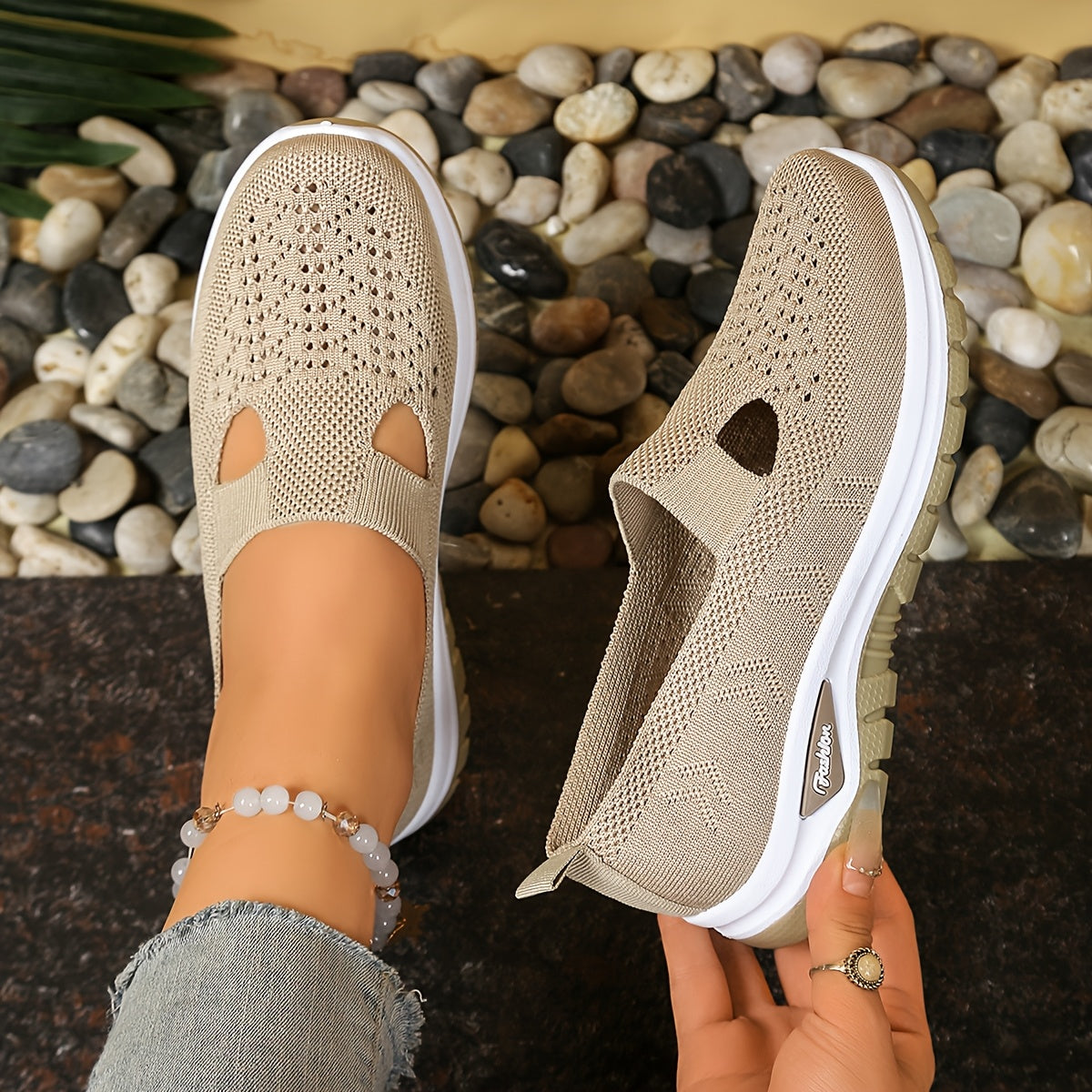 Women's Knit Slip-On Sneakers Breathable Mesh Cushioned Sole Black