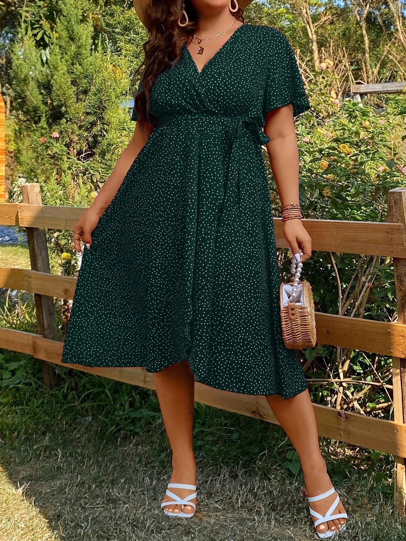 Plus Size Pin Dot Print Belted Dress for Spring Summer Women’s Vacation Style