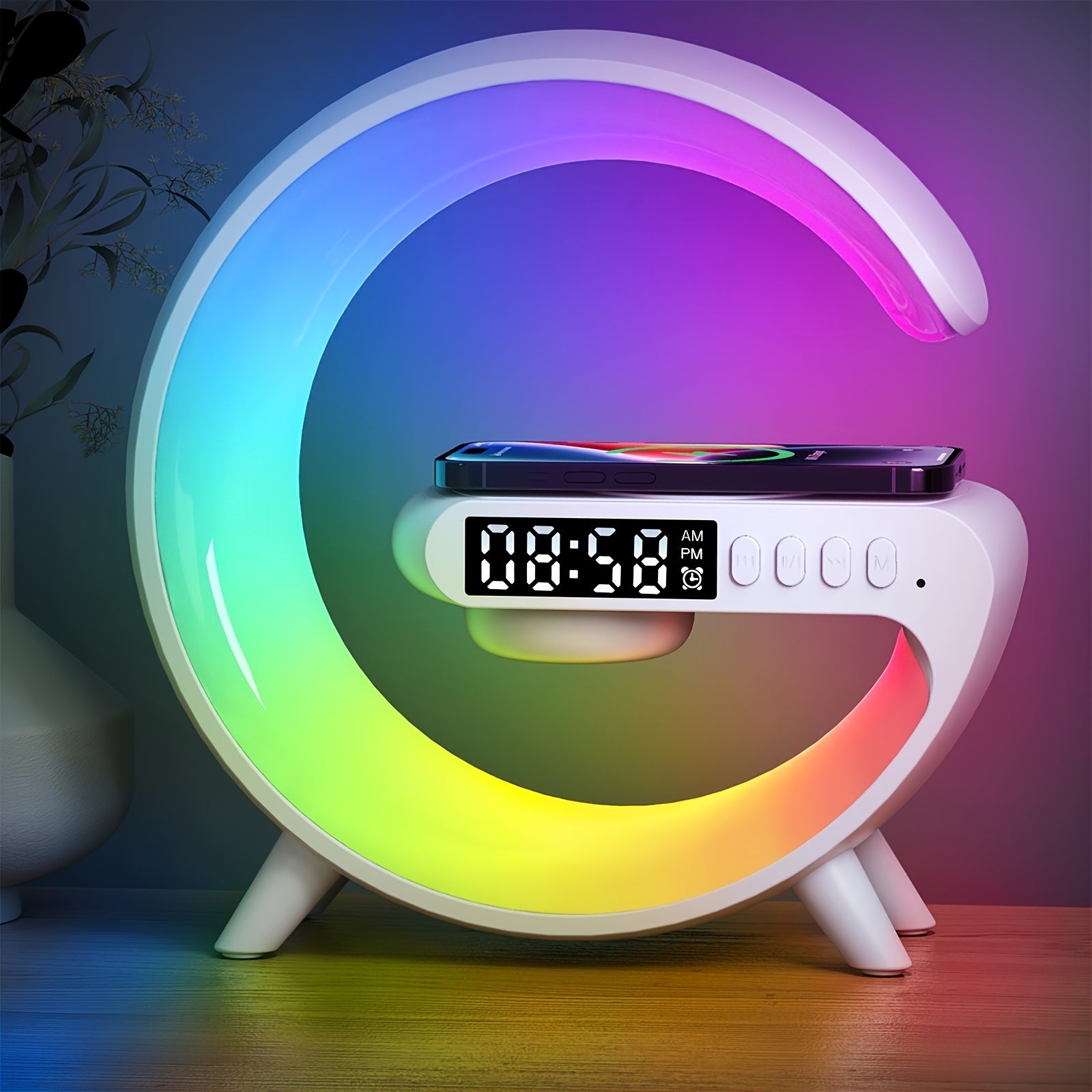 Smart Table Lamp with Wireless Charging Bluetooth Speaker Alarm Clock Night Light Adjustable Light Decor