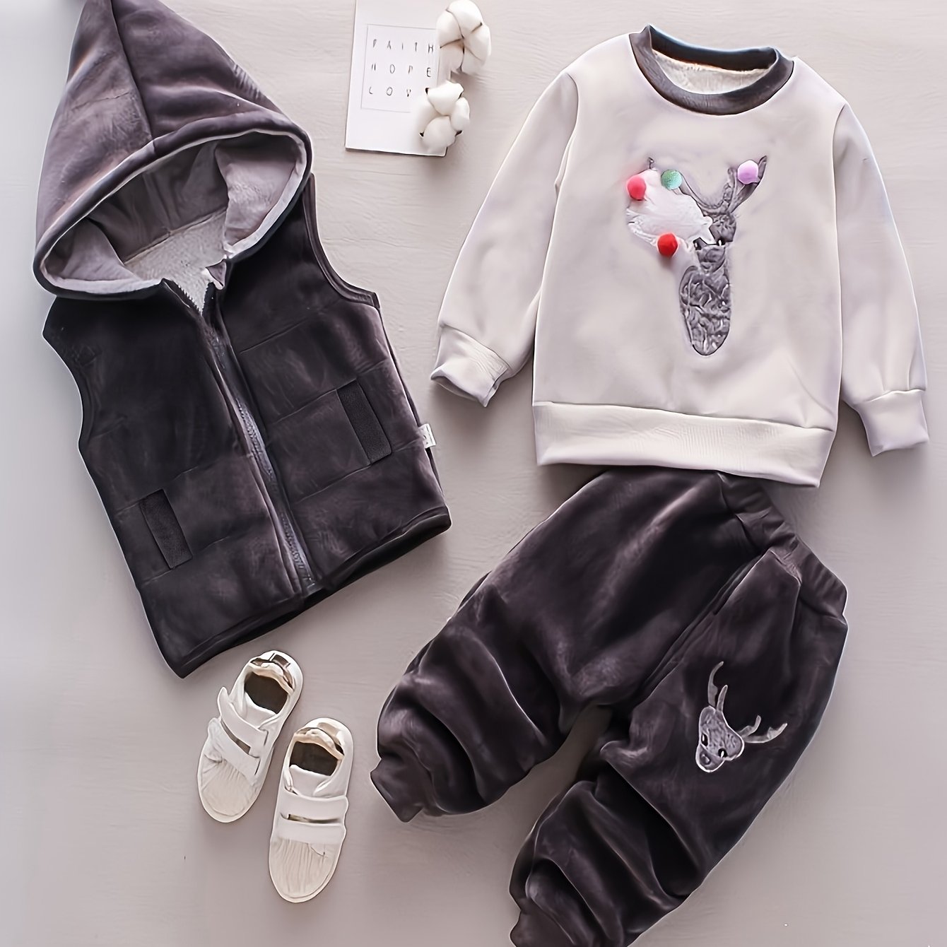 Boys Winter Outdoor Set 3-Piece Fur-Face Bear Pattern Polyester Fall Winter Casual