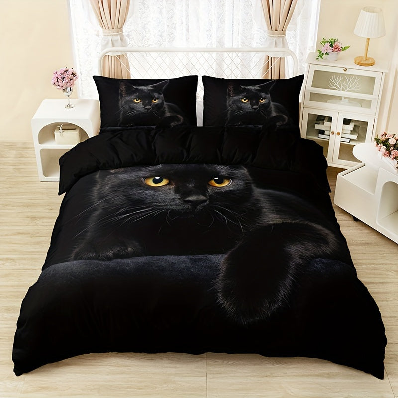 Black Cat Quilt Cover Set 3 Piece Digital Print Polyester Breathable Bedding