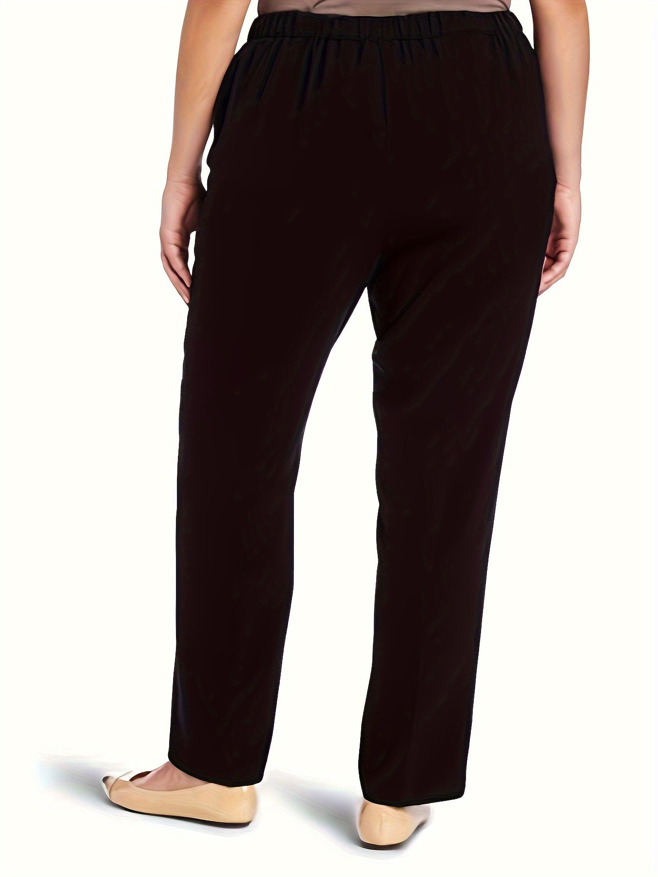 Plus Size High-Waisted Straight Leg Pants Polyester Pockets Spring Fall