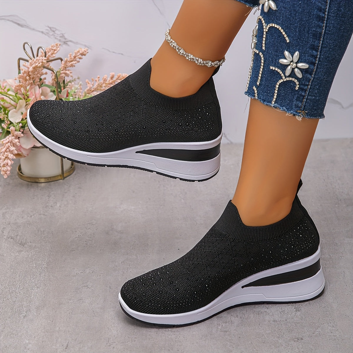 Women's Slip-On Sneakers Black with Platform Sole Cushioned Insole