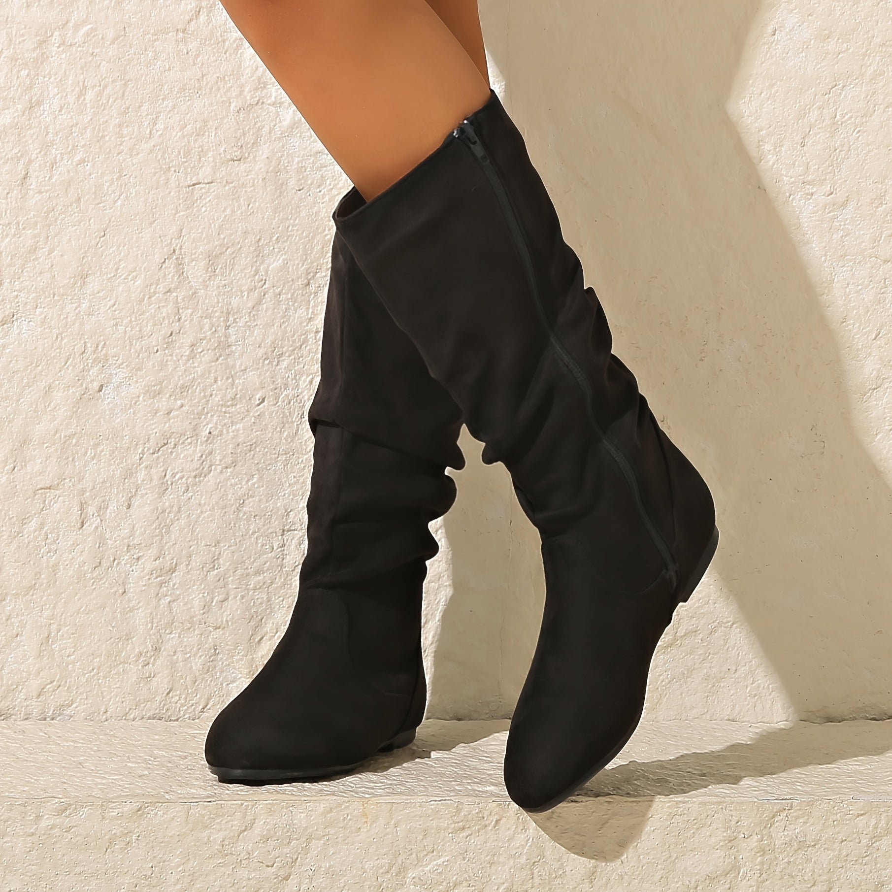 Women's Solid Color Round Toe Flat Mid-Calf Boots with Side Zipper