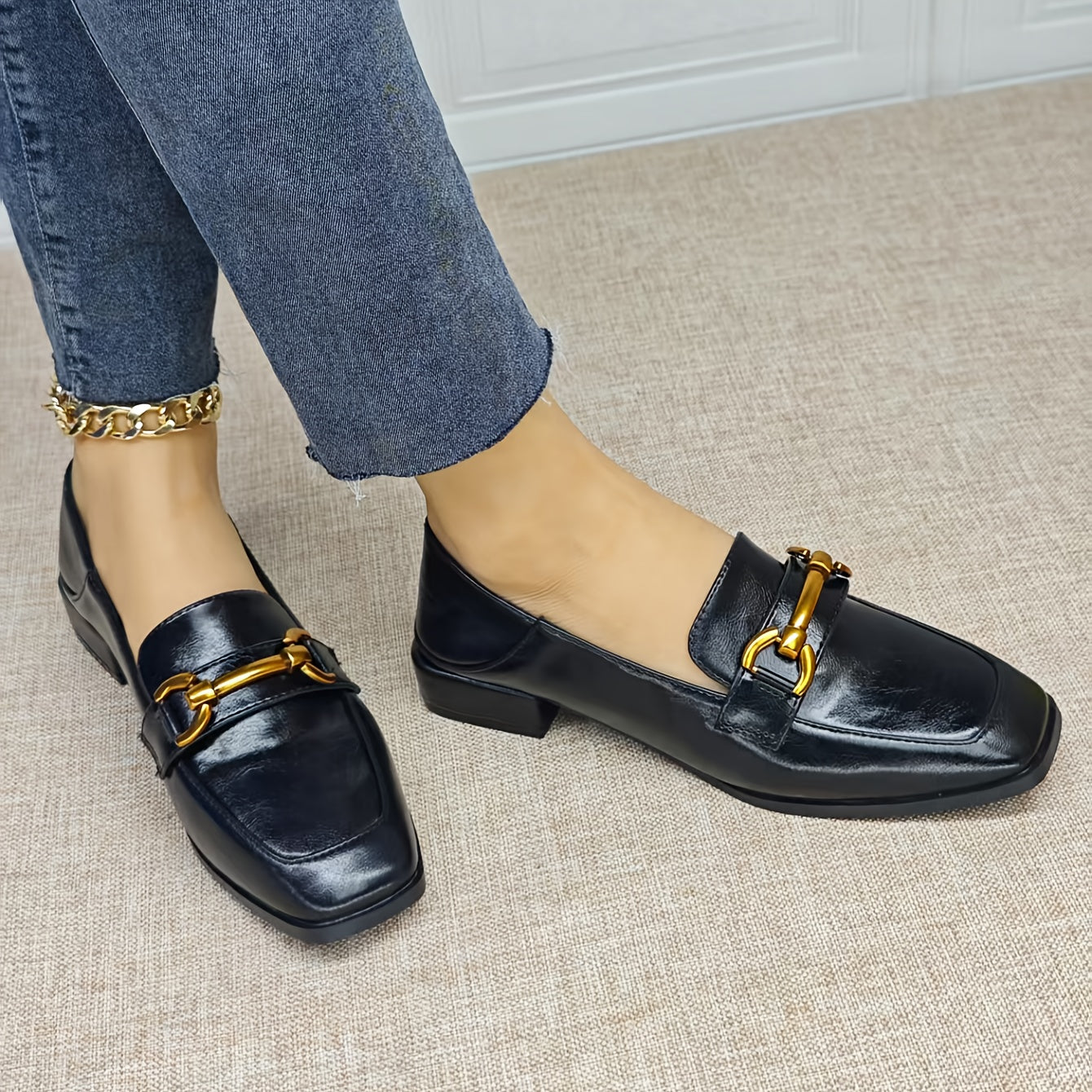 Women's Vintage Black Loafers Flat Shoes Penny Buckle Square Toe