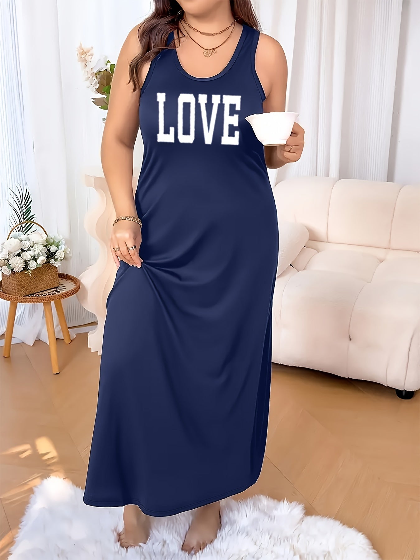 Plus Size Sleeveless Nightgown Maroon Love Letter Print Sleepwear for Women