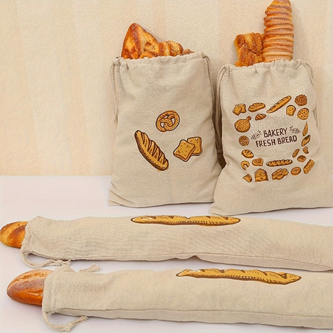 Bolsas reutilizables para productos y bolsas para pan con cordón, material sin blanquear