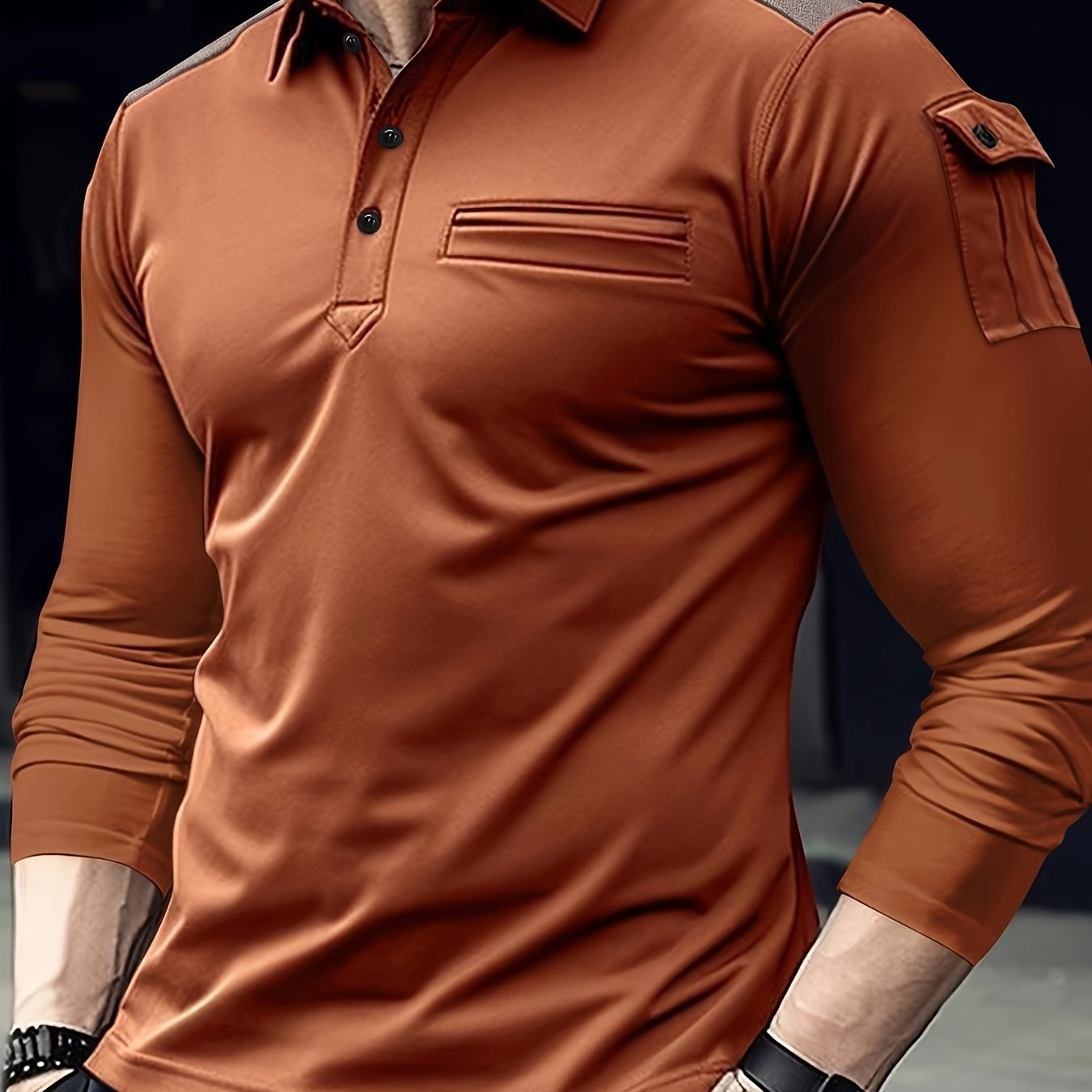 Camisa casual de hombre de manga larga de poliéster con bolsillos en los brazos, parches en los hombros, para otoño e invierno