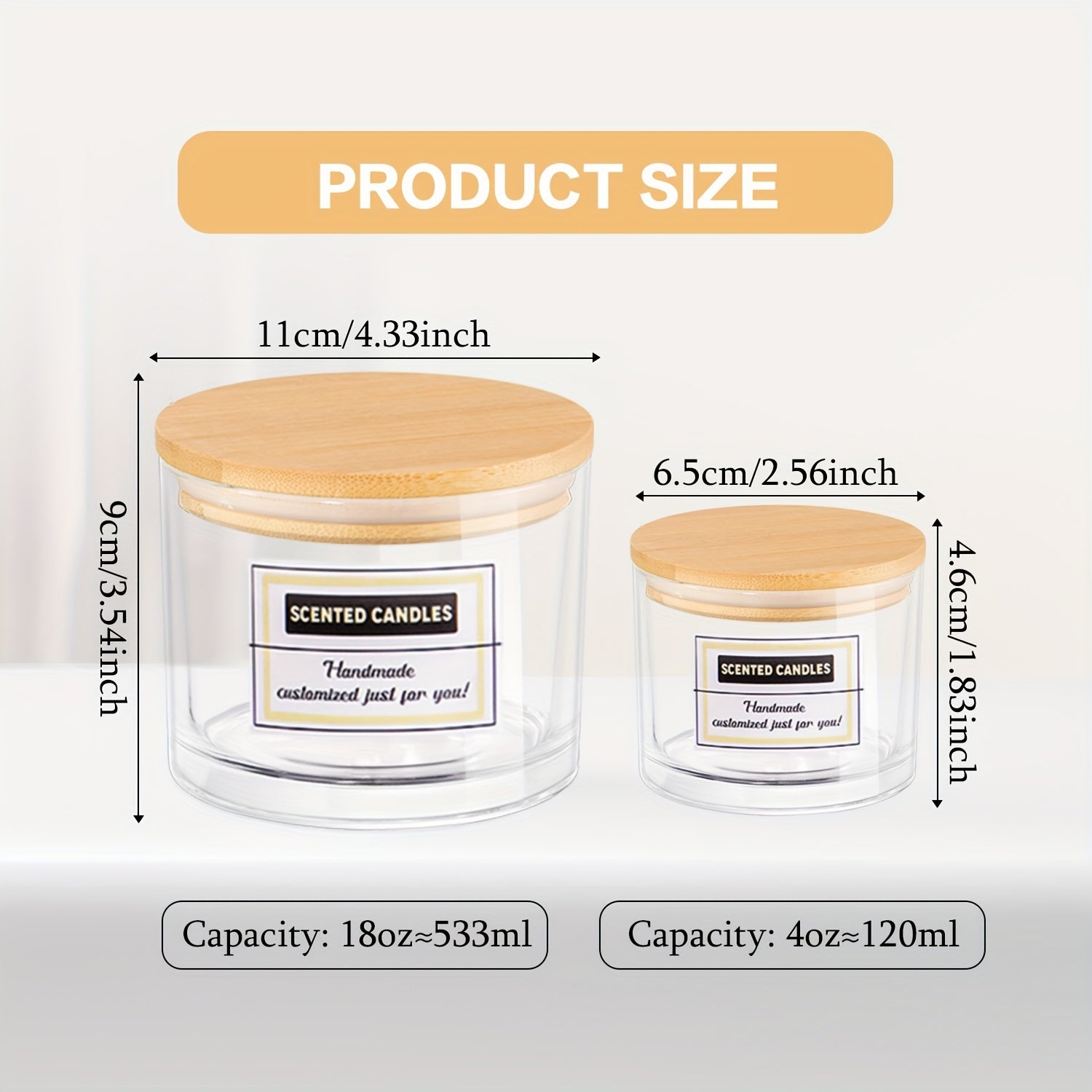 8 ta shaffof shisha sham idishlari to'plami, 4oz va 18oz o'lchamlarida keng og'ziga ega va bambuk qopqog'i bilan. O'z-o'zini tayyorlash uchun mukammal bo'lgan yopishqoq yorliqlar kiritilgan. Ushbu idishlar idish yuvish mashinasida yuvish mumkin.