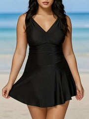 Ayollar uchun mustahkam rangdagi, yuqori cho'ziluvchan to'qimachilikdan tayyorlangan zamonaviy plussayz V-yuqa suzish kiyimi