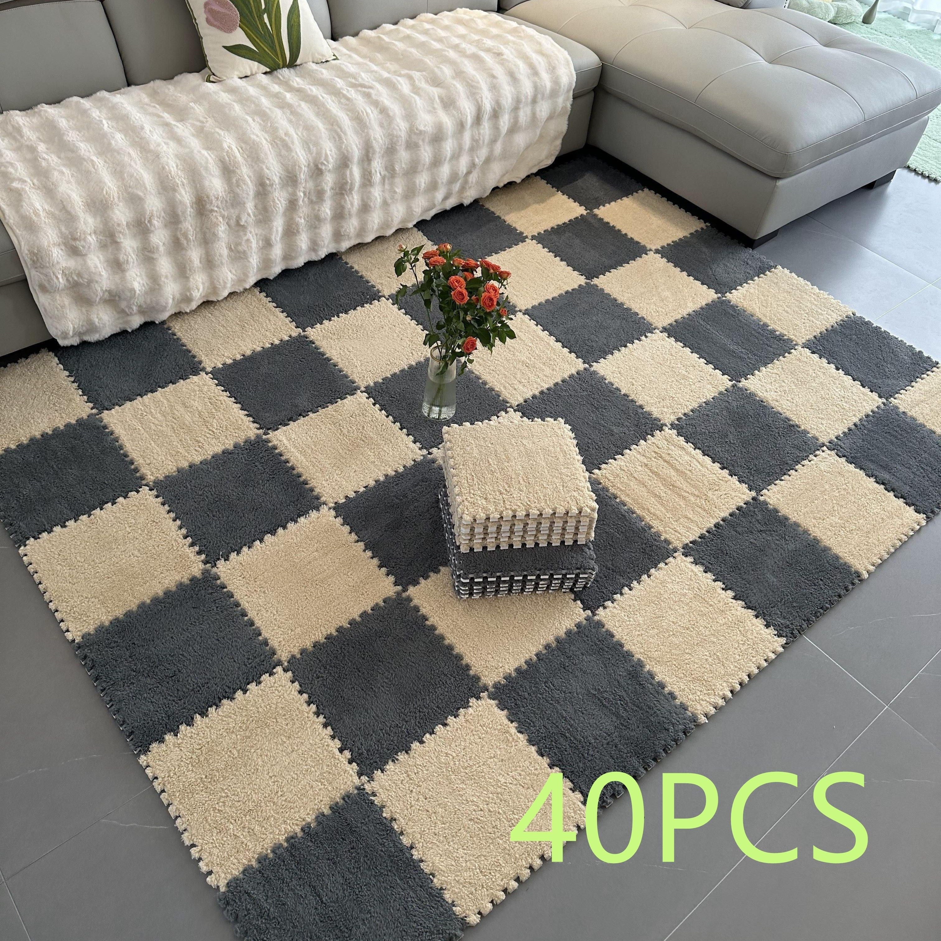 Juego de 40 baldosas de moqueta entrelazadas para uso en interior de dormitorio, diseño de cuadros de pelo bajo