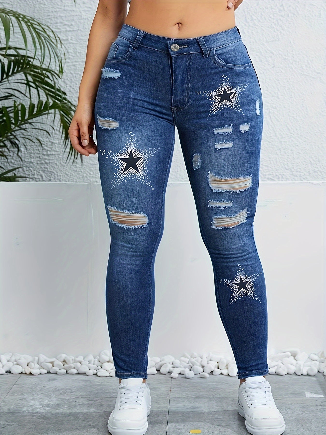Women's High-Waist Star Print Distressed Skinny Jeans Stretch Denim Light Blue White Stars