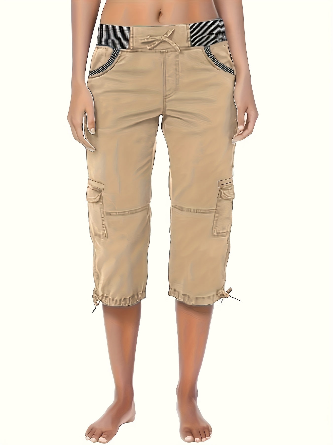 Plus Size Ladies Cropped Pants Solid Polyester Non-Stretch Premium Texture