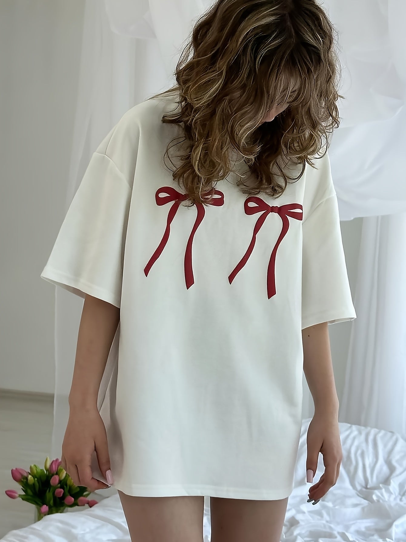 Women's Casual Butterfly Print T-Shirt with Bow Detail Polyester Knit