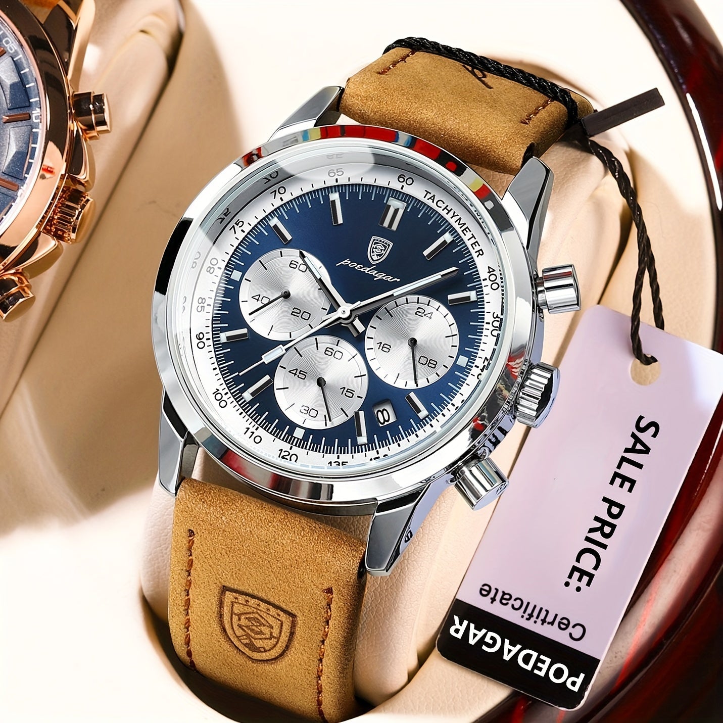 Men's Chronograph Wristwatch Leather Strap Luminous Dial Quartz Watch