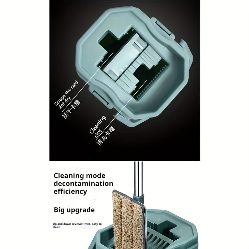 Stainless Steel Flat Mop Set with Bucket, Hands-Free Wringer, Microfiber Pads