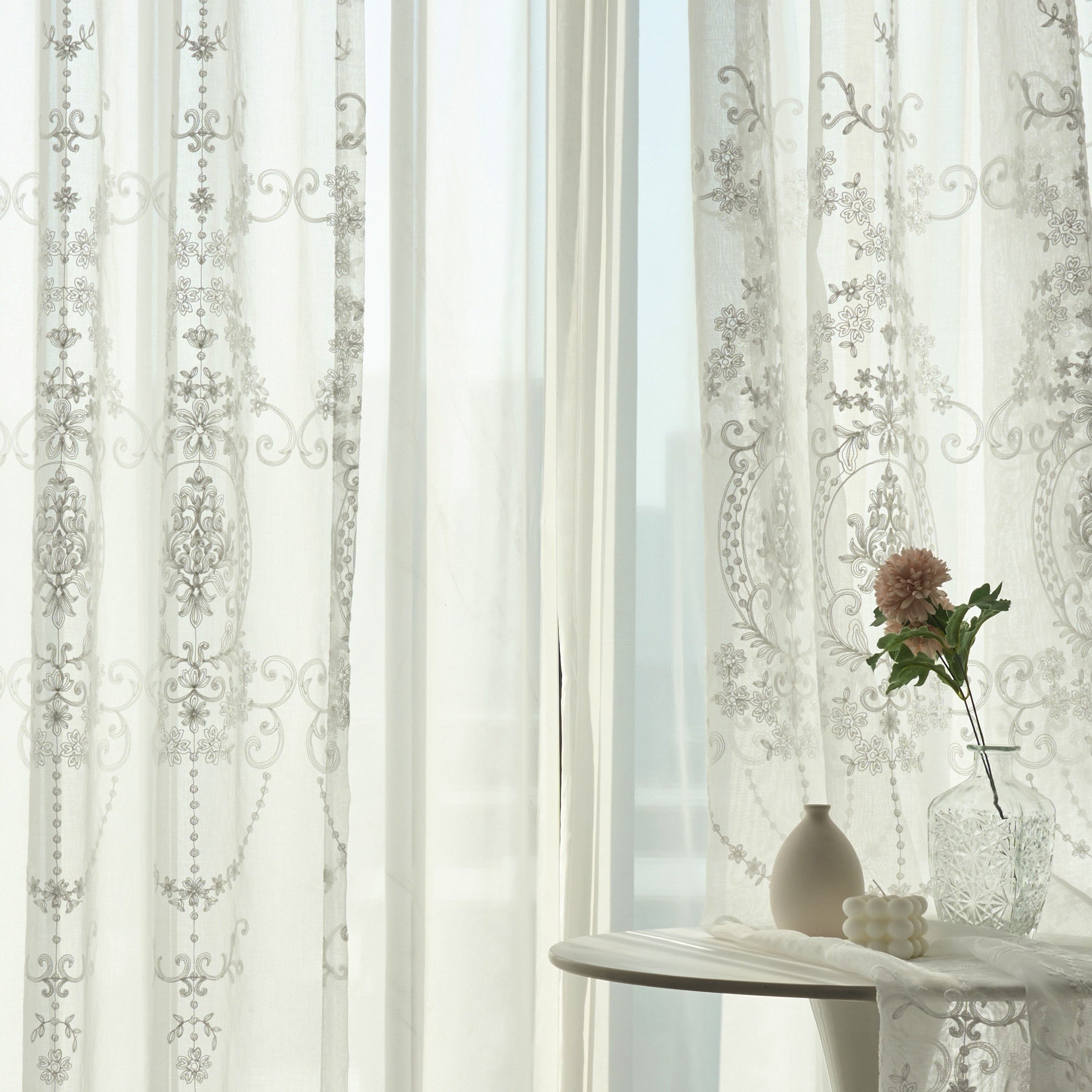 European Embroidered Sheer Curtains 2-Piece Set Floral Design Rod Pocket Window Treatments