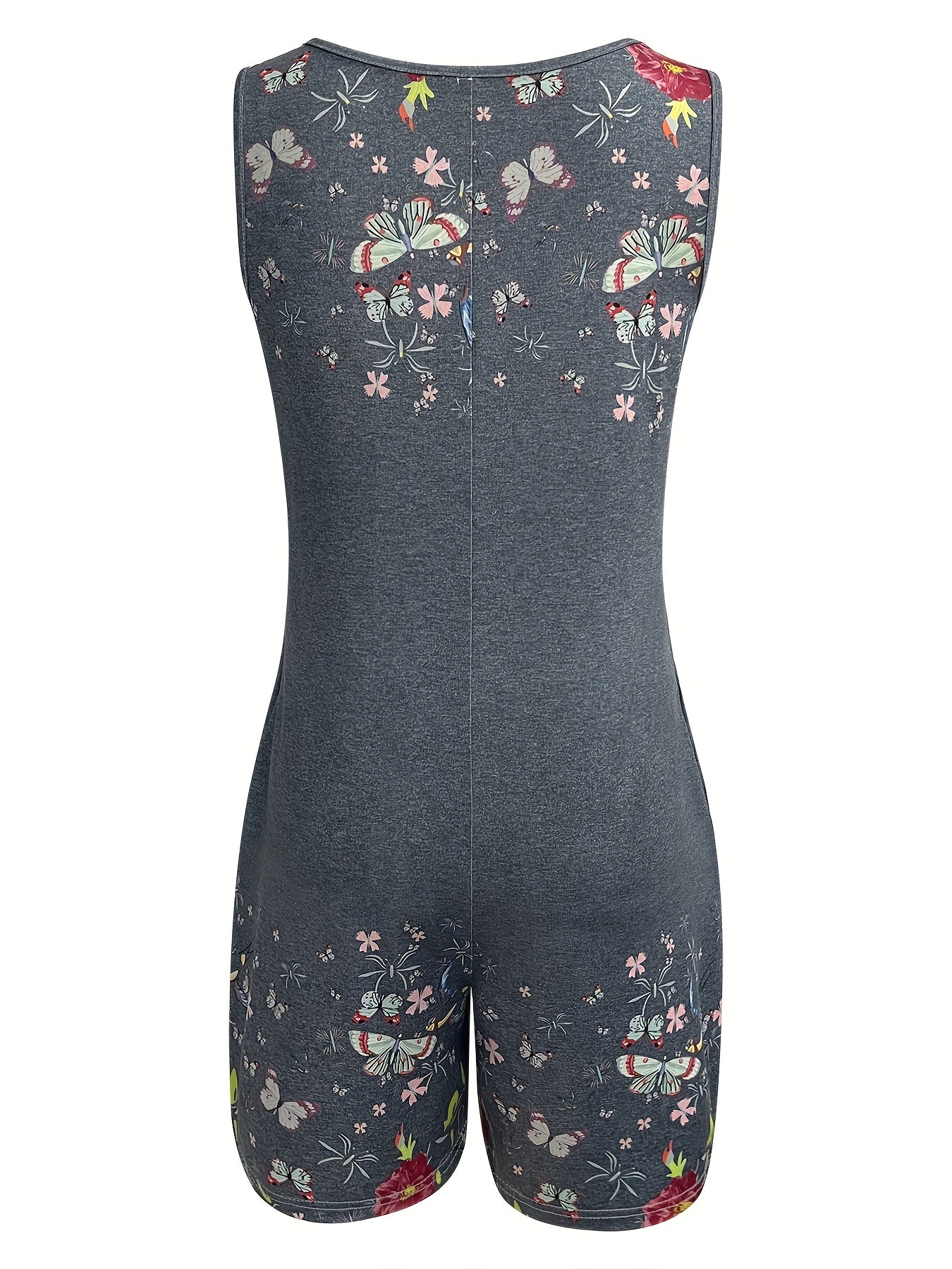 Women's Plus Size Butterfly Floral Print Sleeveless Jumpsuit Summer Dress with Pockets