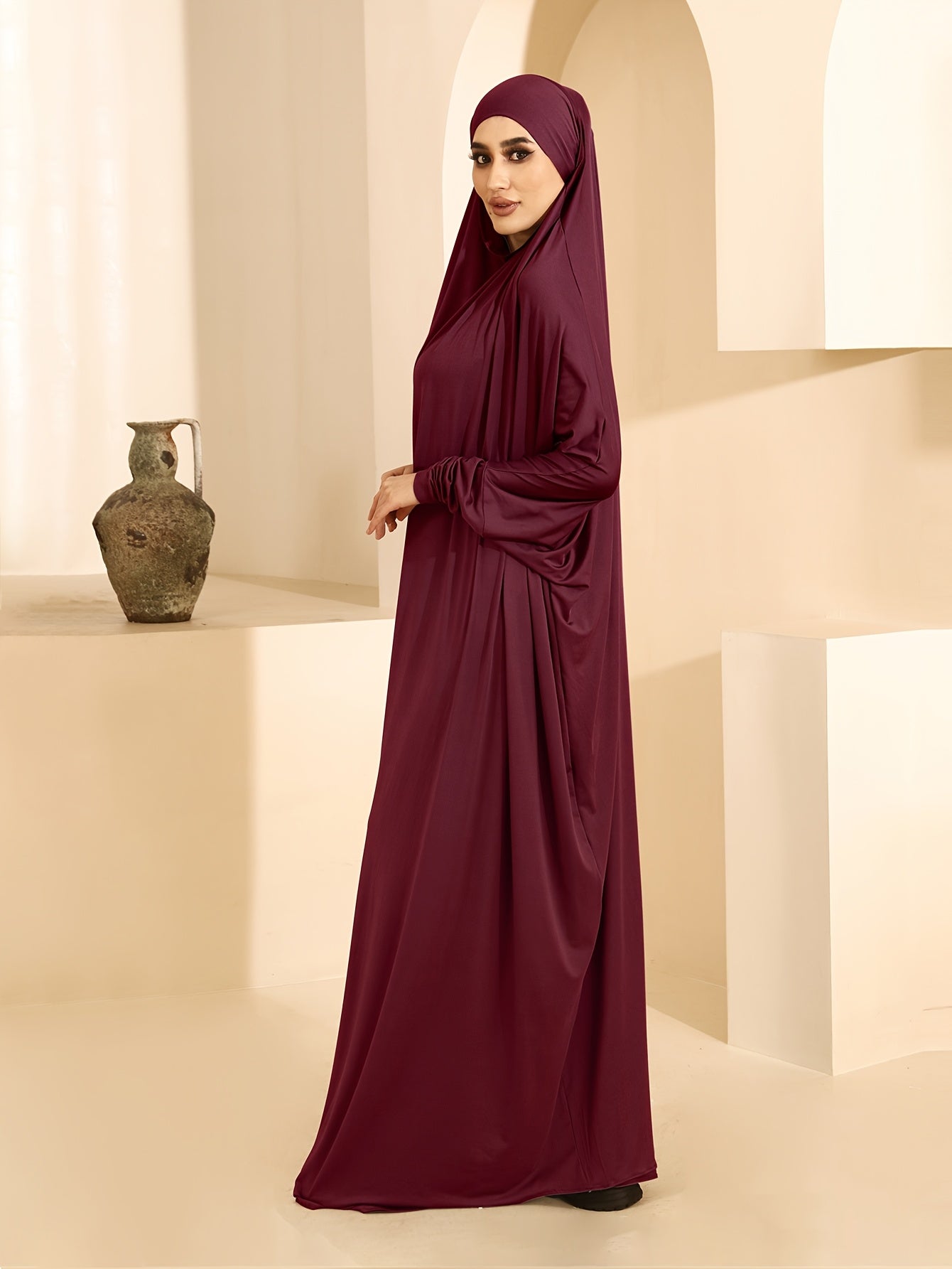 Plus Size Women Jersey Ramadan Abaya Batwing Sleeve Solid Color Islamic Dress