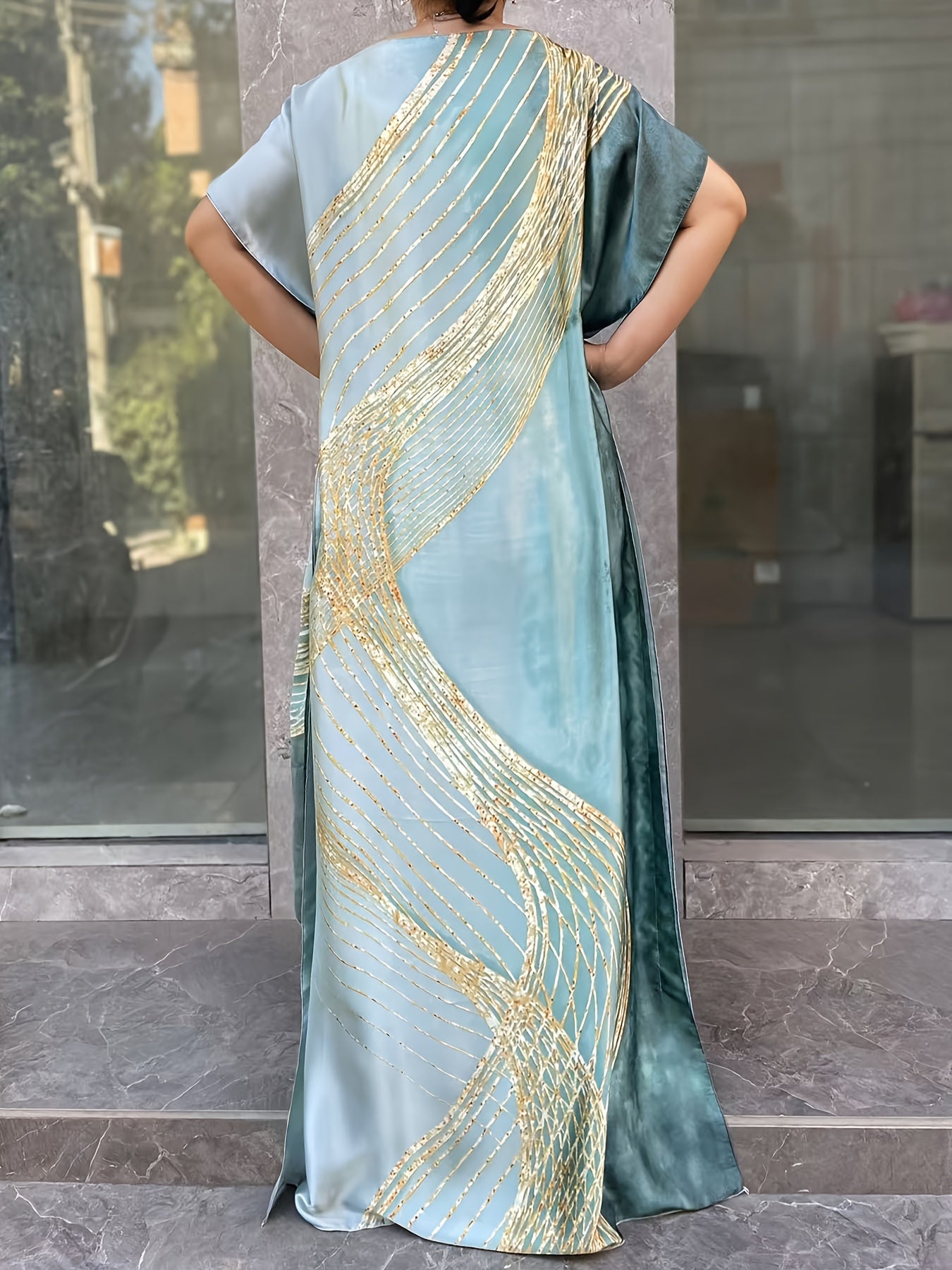 Plus Size Floral Maxi Dress with Scarf Light Blue Gold Short Sleeve Summer