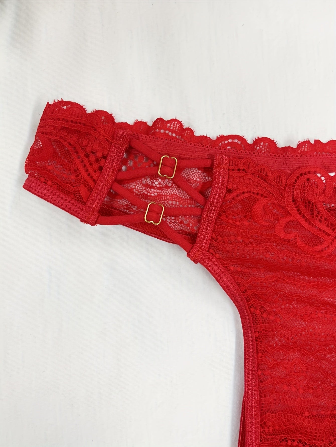 Women's Red Lace Thong Panties with Floral Pattern and Scalloped Trim