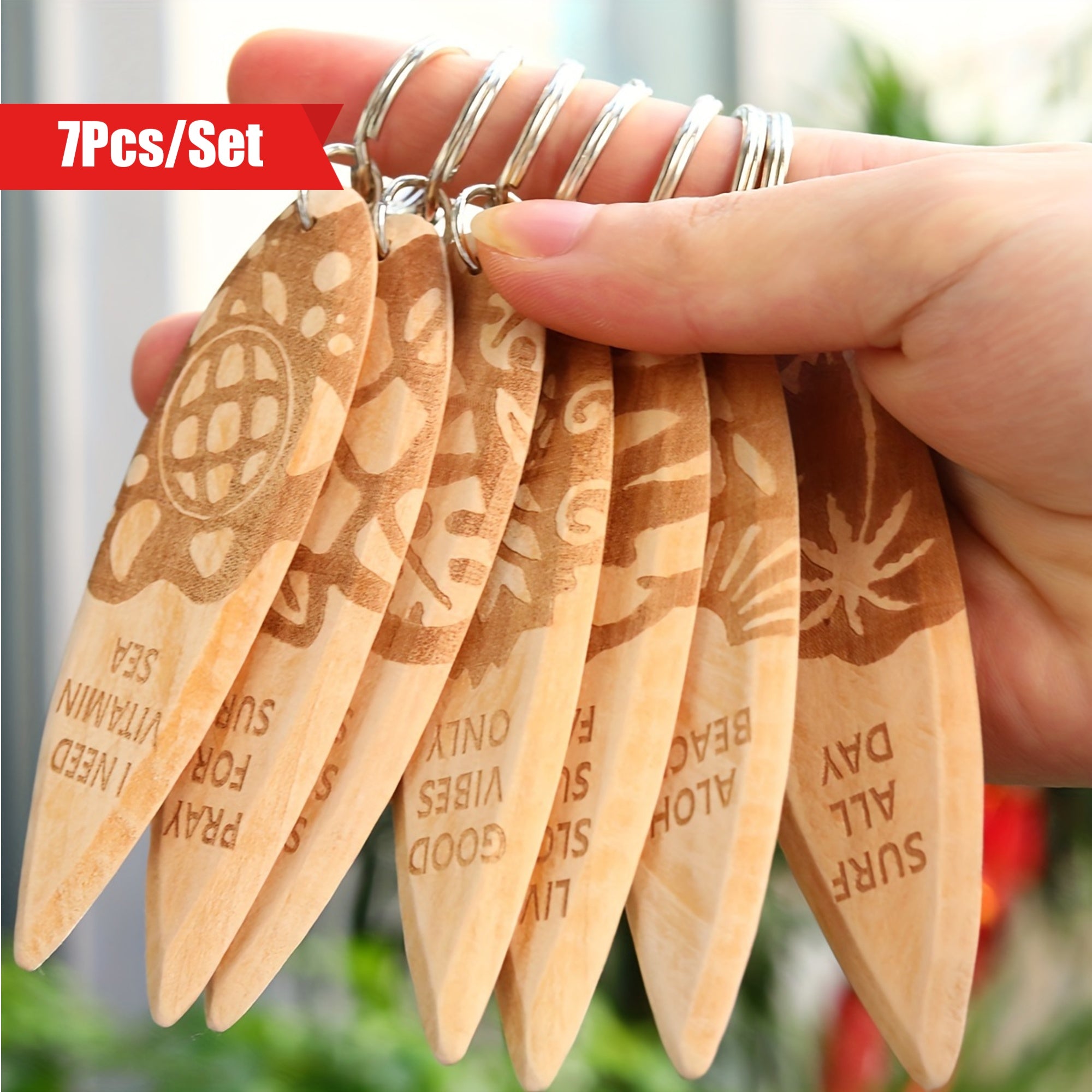 Juego de 7 llaveros de madera en forma de tabla de surf, miniaturas para fiestas en la playa, ideales para bolsos y mochilas