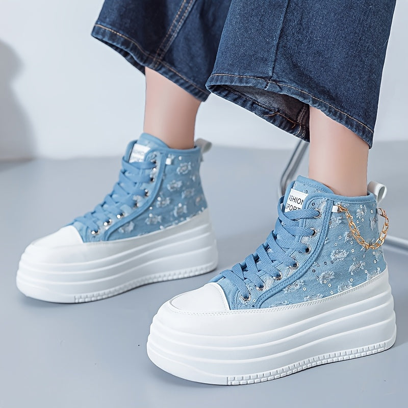 Women's High-Top Sneakers - Black White Blue with Gold Chain Casual Shoes