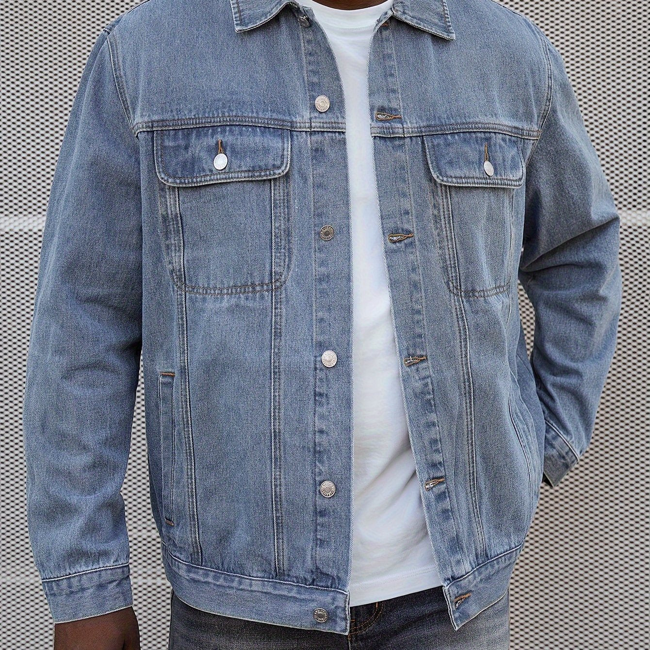 Plus Size Men's Washed Denim Jacket Regular Fit Cotton Solid Color