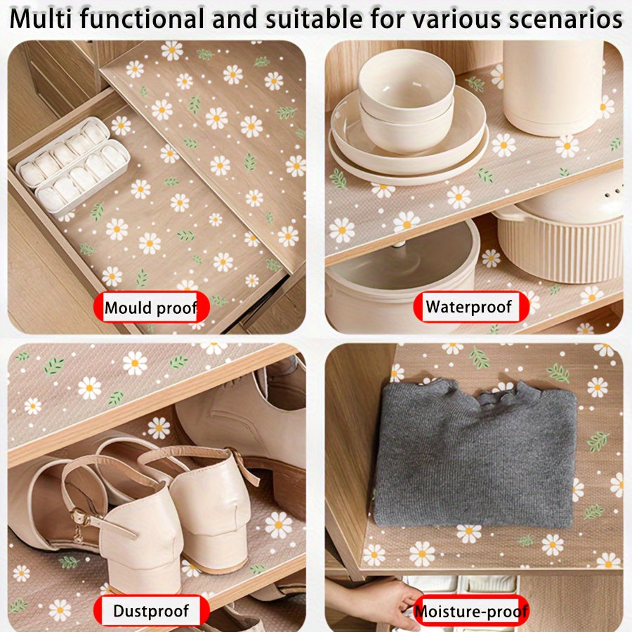 Waterproof Drawer Liner with Daisy Leaf Design Non-Slip Cut-to-Fit Shelf Protector