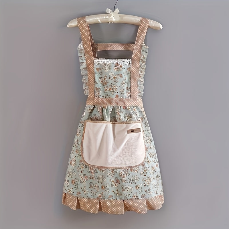 Floral Lace Princess Apron with Hand Wipe Pocket for Kitchen and Home in Pink or Green
