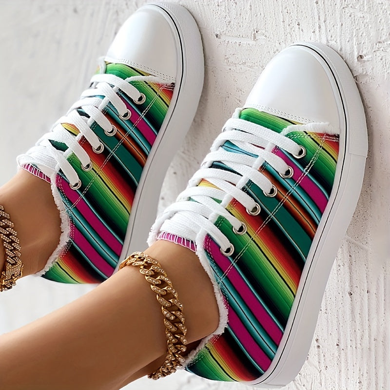 Women's Canvas Sneakers Colorful Striped Low Top Casual Shoes
