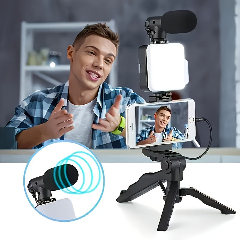 Universal 3-in-1 Smartphone Video Blogging Kit with LED Ring Light Microphone and Tripod