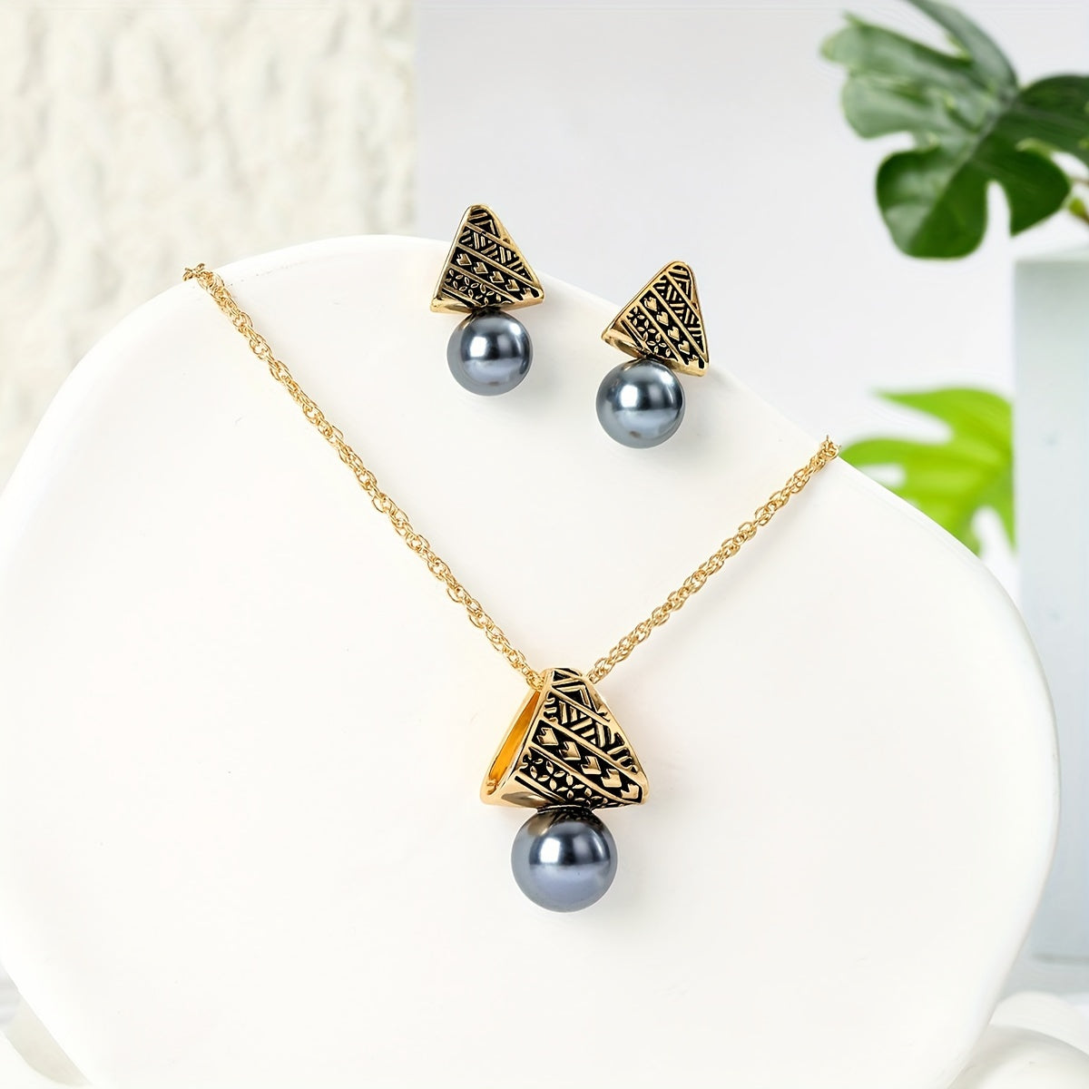 Black Pearl Triangle Pendant Necklace and Earrings Set for Women Jewelry Gift