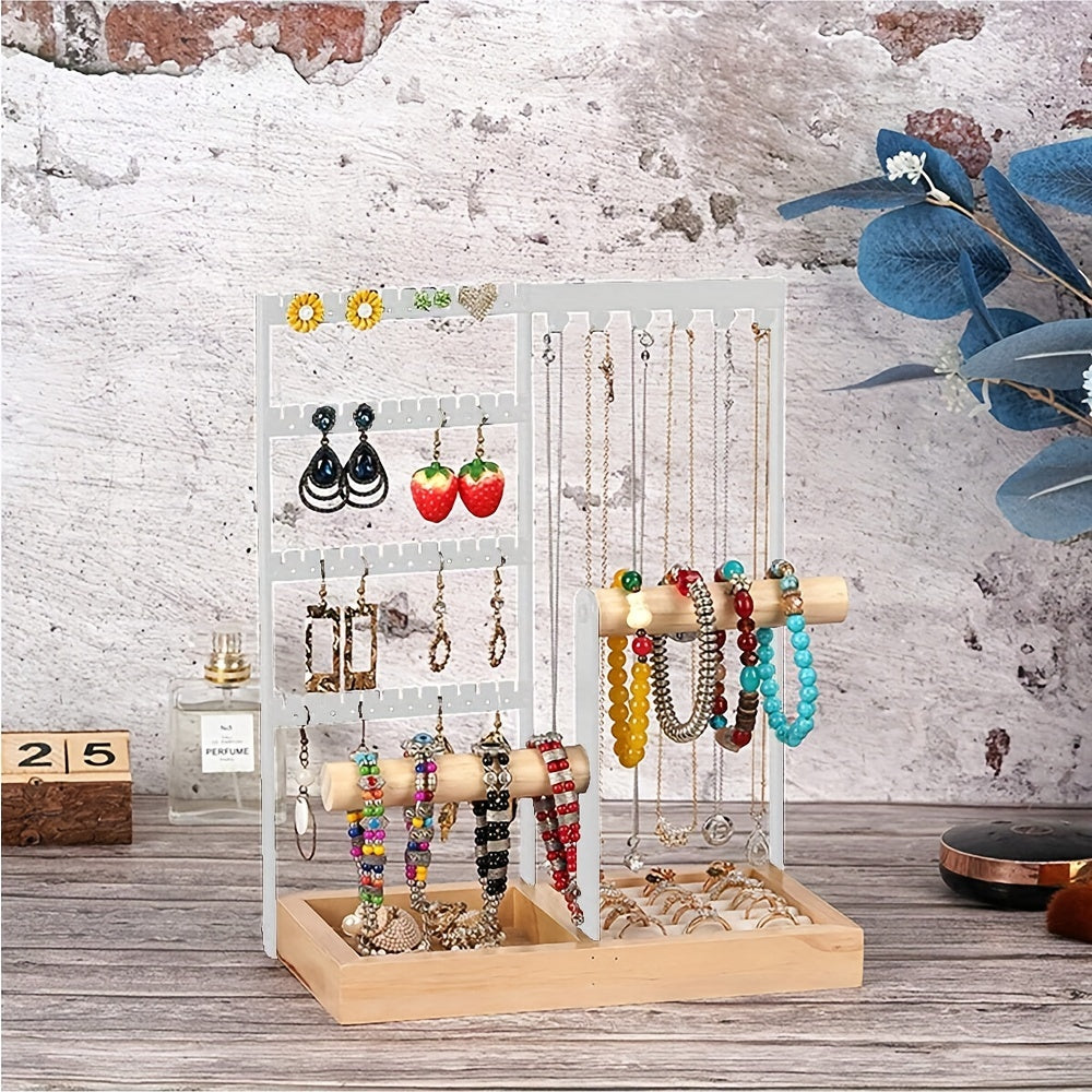 White Wooden Jewelry Organizer Stand with 5 Tiers and Iron Necklace Hooks