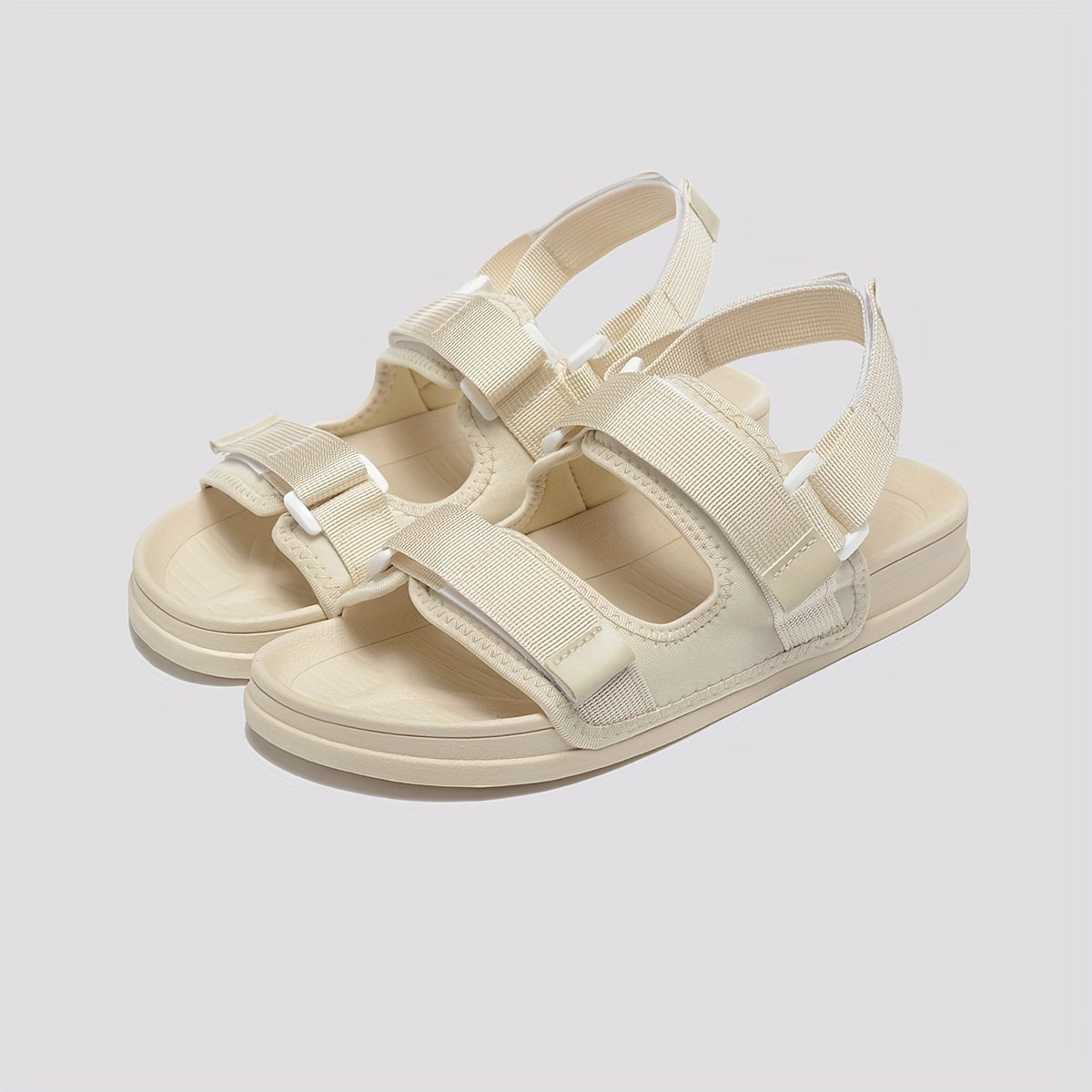 Women's Black Summer Beach Slide Sandals with Adjustable Hook-and-Loop Straps and Flat PVC Sole