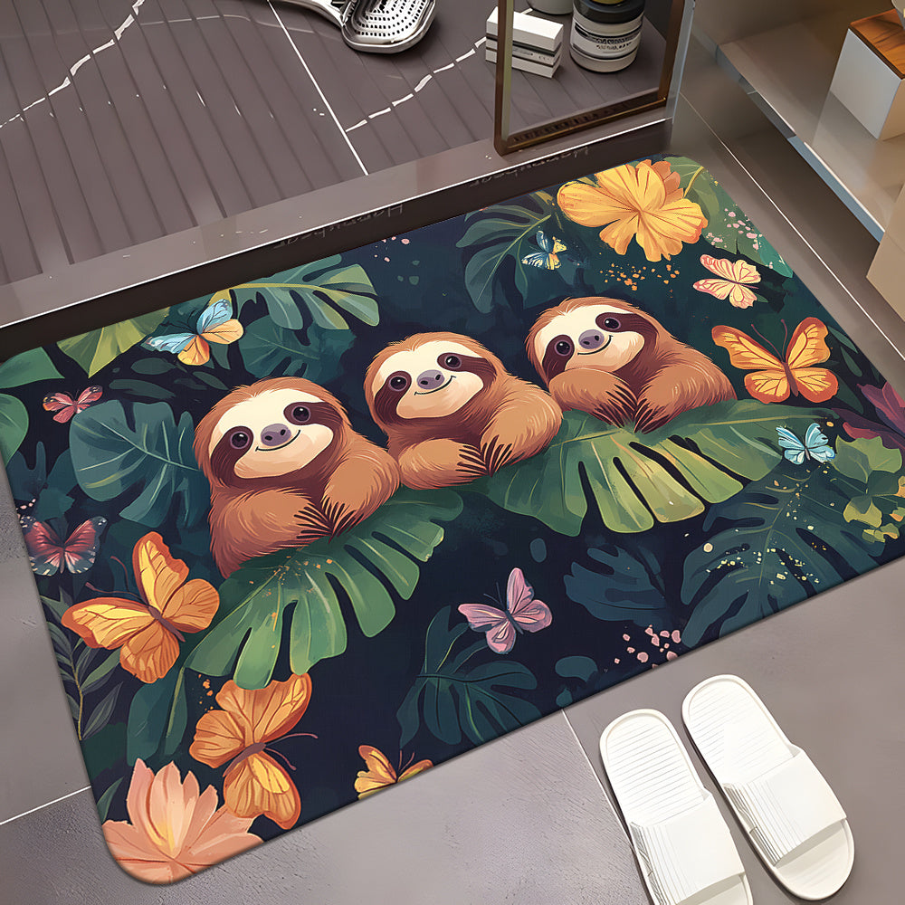 Alfombra de puerta absorbente de microfibra con perezosos de dibujos animados, antideslizante, para baño y cocina
