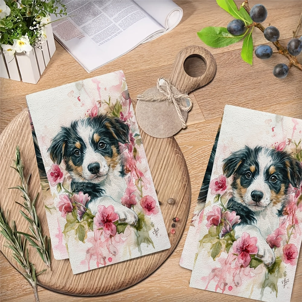 Two Pieces Kitchen Towels Pink Roses Puppy Design Absorbent Quick-Dry