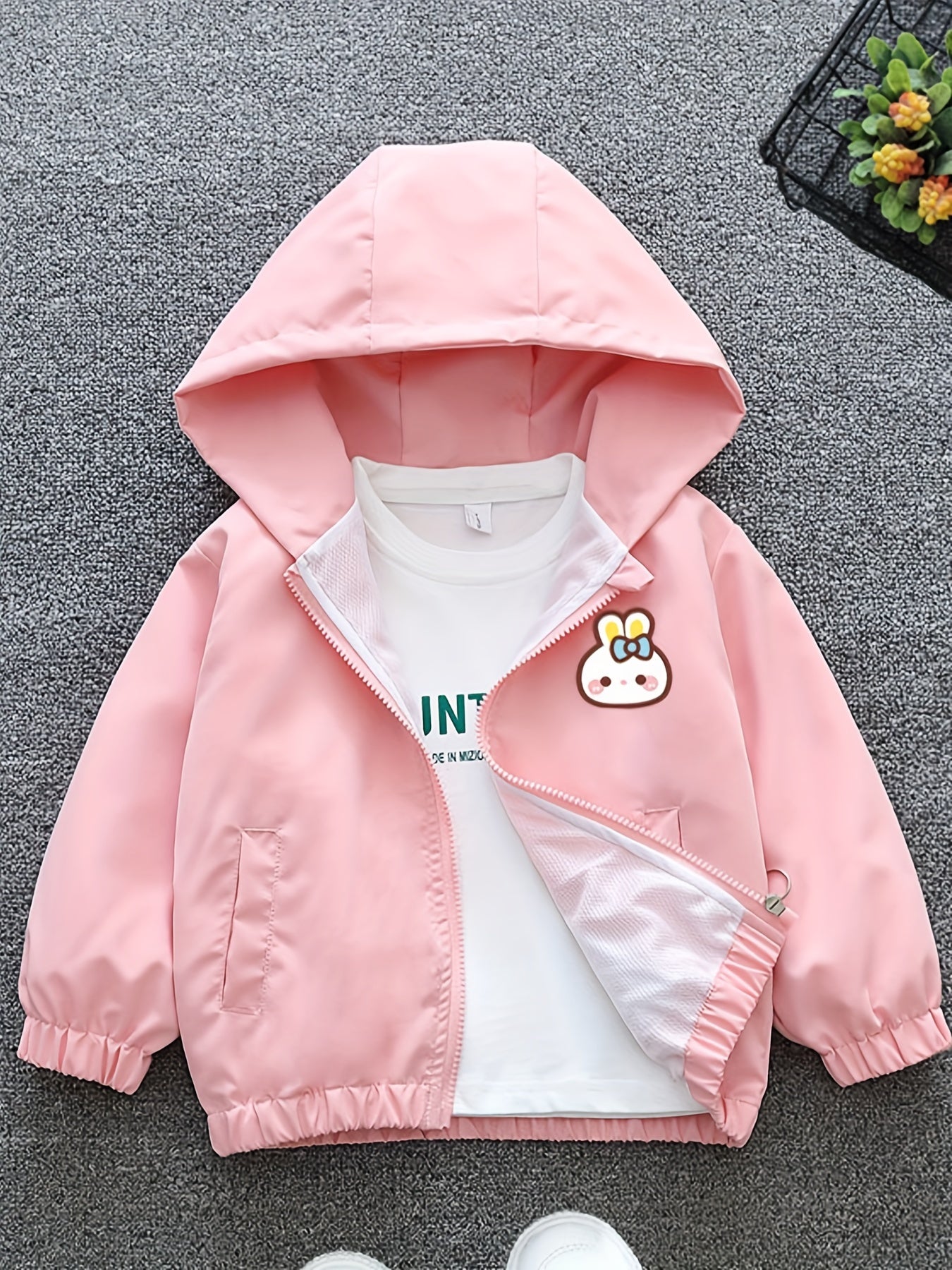 Girls' Bunny Print Zip-Up Hooded Windbreaker Jacket for Kids Spring Fall Casual Streetwear