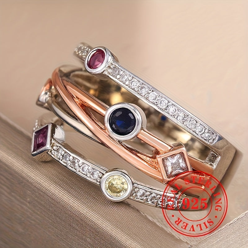 Women's Multi-Layer Sterling Silver Ring with Synthetic Gemstones