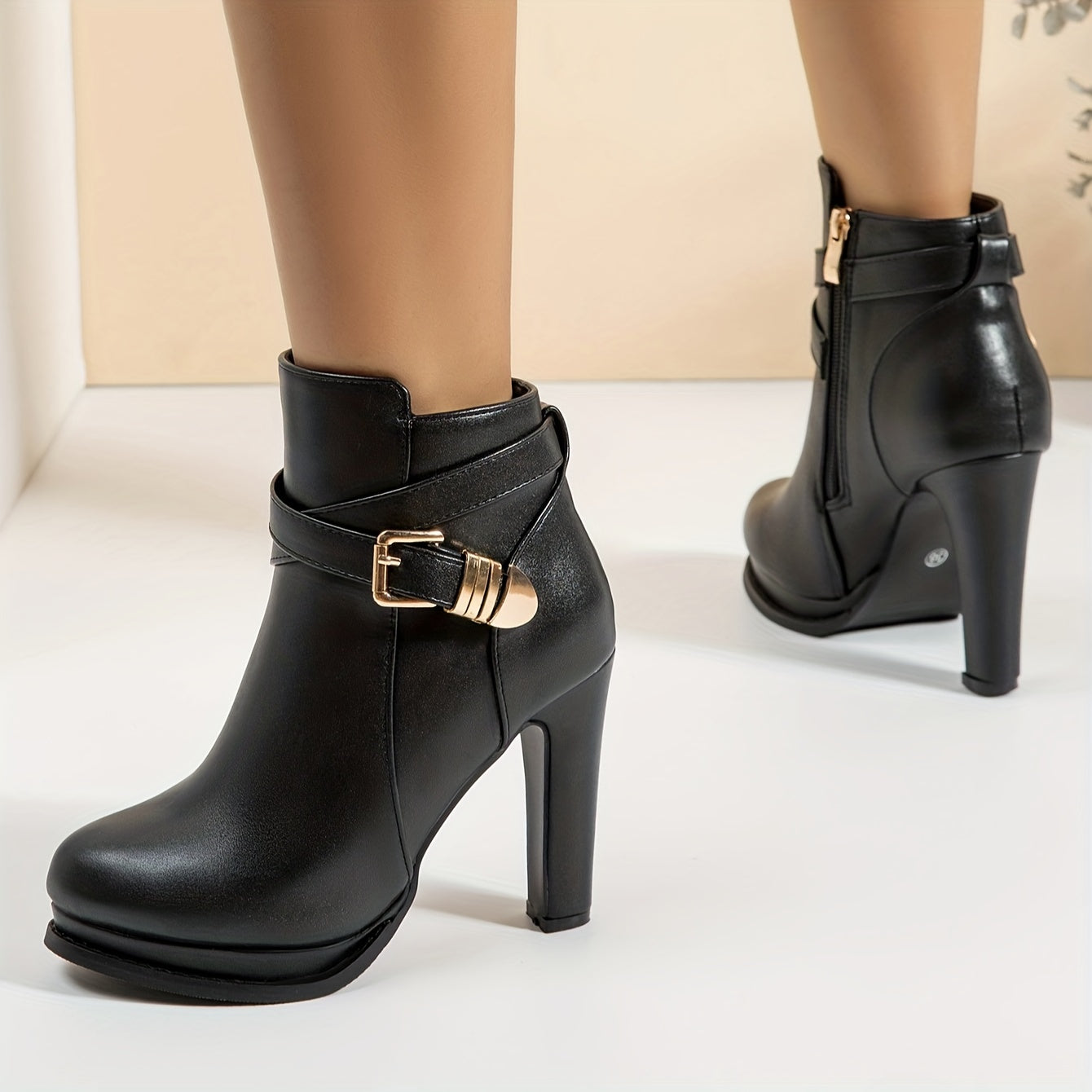 Women's Black Ankle Boots with Gold Buckle Side Zipper Chunky Heels